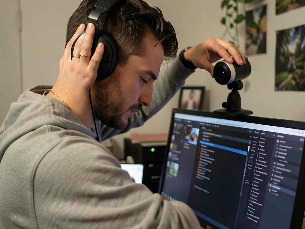 person adjusting webcam and headphones for Teams call