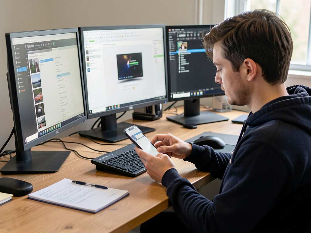 person checking Teams status on phone at desk
